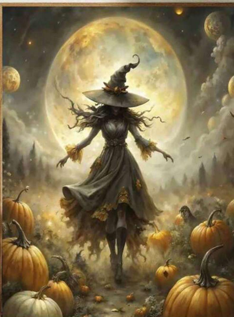 Diamond painting of a witch with pumpkins