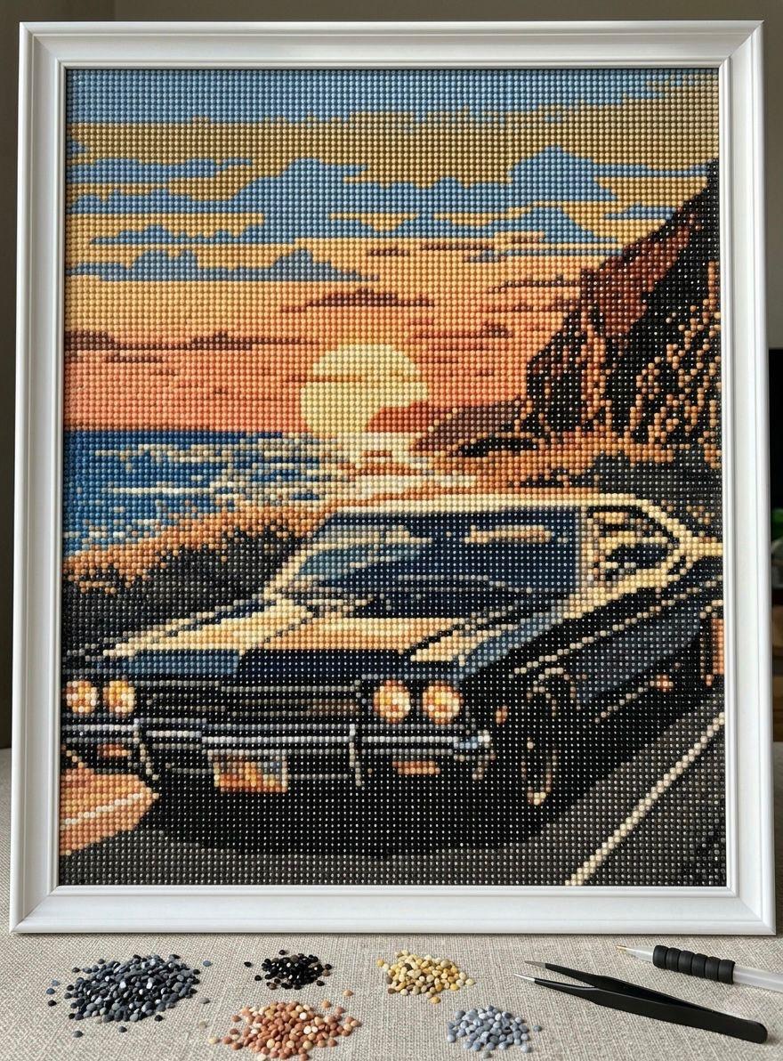 Diamond painting of a classic car on the coast