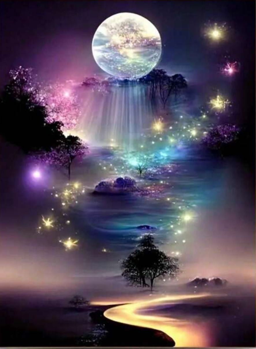 Diamond painting of an enchanted moonlit landscape